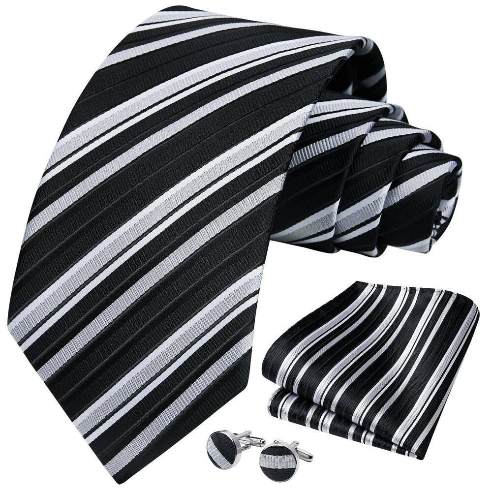 3945 Black Stripe Ties Formal Business Tie and Pocket Square Cufflinks
